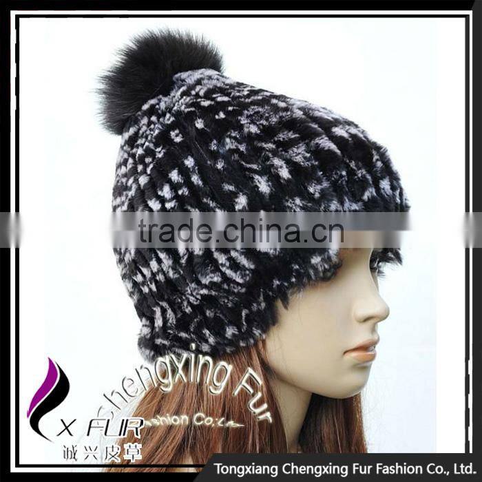 CX-C-58B High Quality Knit Beanie Hat Pom Pom Custom Style Rex Rabbit Fur Knitted Hats