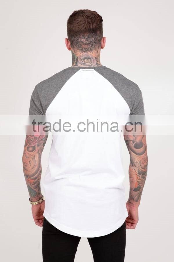 Short Sleeve Raglan Baseball T Shirt for Men Longline Curved Hem Baseball Tee White/Heather Grey Contrast T Shirt