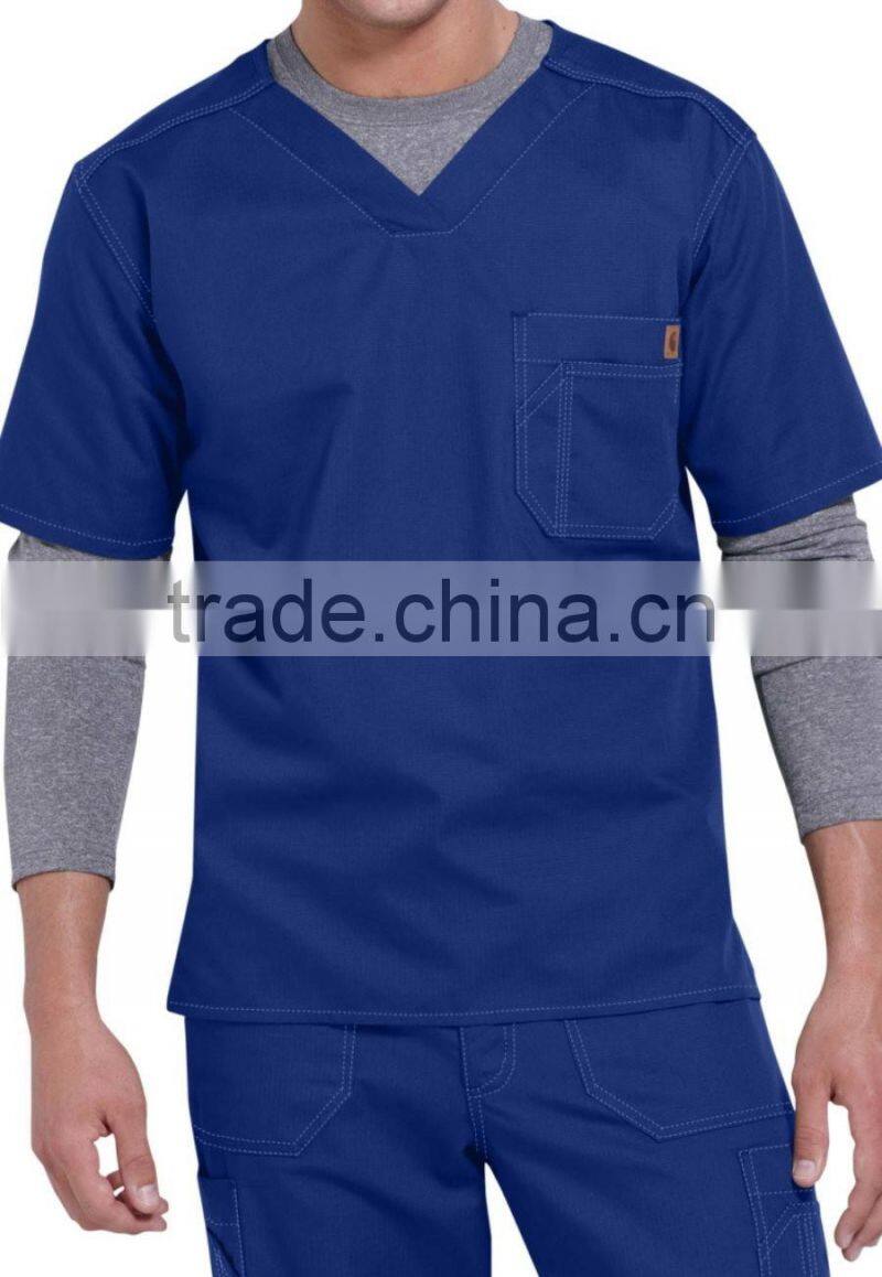 High Quality Solid Colored Men Denim Scrubs Top for Hospital Wearing
