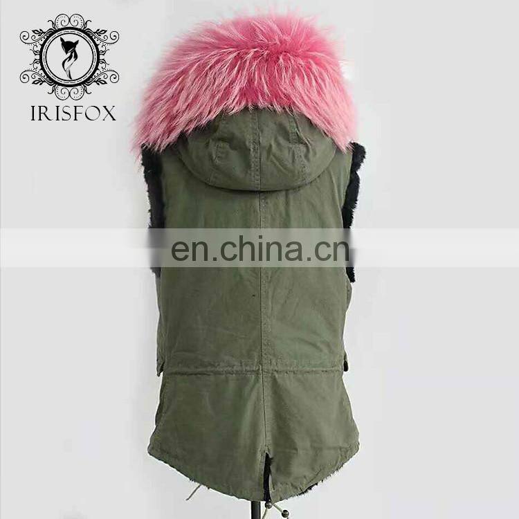 USA Super big fur collar, fashion green waistcoat women real fur vest for men
