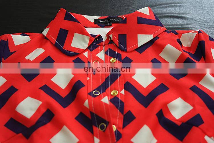 High end retro printing big lapels Knitted Cotton dress temperament Slim Casual Dresses