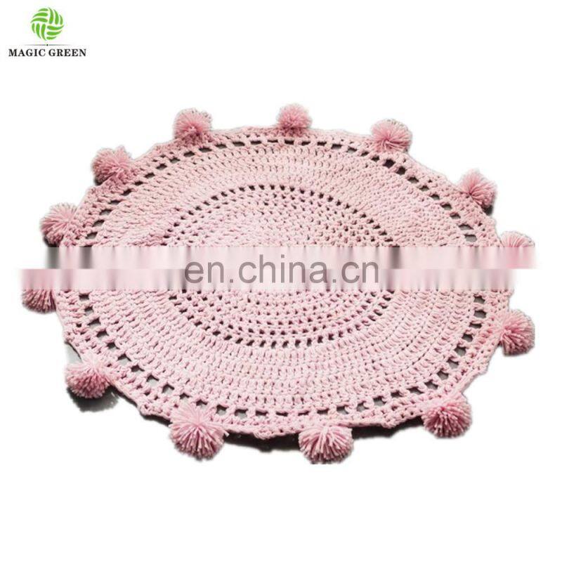 wholesale cotton round shape pom pom decor hand crochet baby kids living room floor game area large nursery rug mat blankets