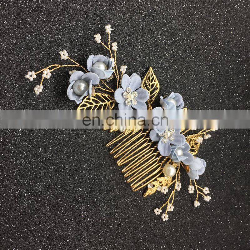 Luxury Blue Flower Hair Combs Headdress Prom Bridal Wedding Hair Accessories Gold Leaves Hair Jewelry