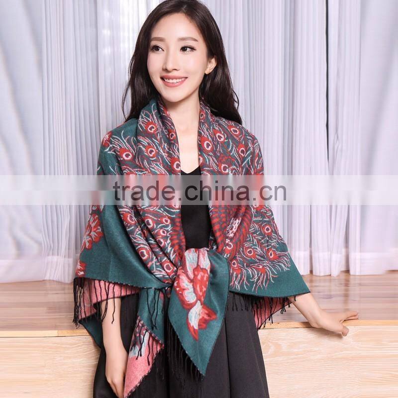 Wide Square Jacquard Peacock Stole Shawl Scarf