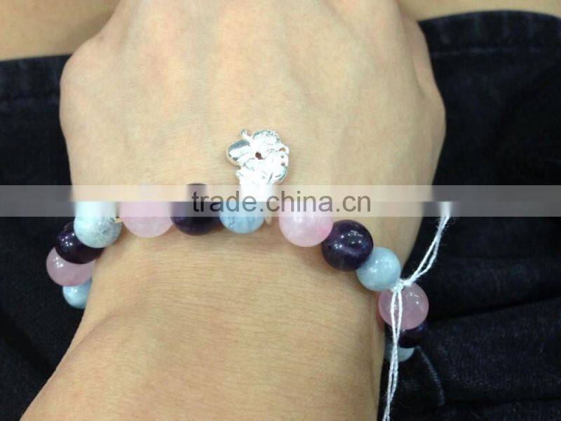 Natural gemstone mixed color rose Quartz crystal and Amethyst and Aquamarine with 925 silver cherry Bracelet