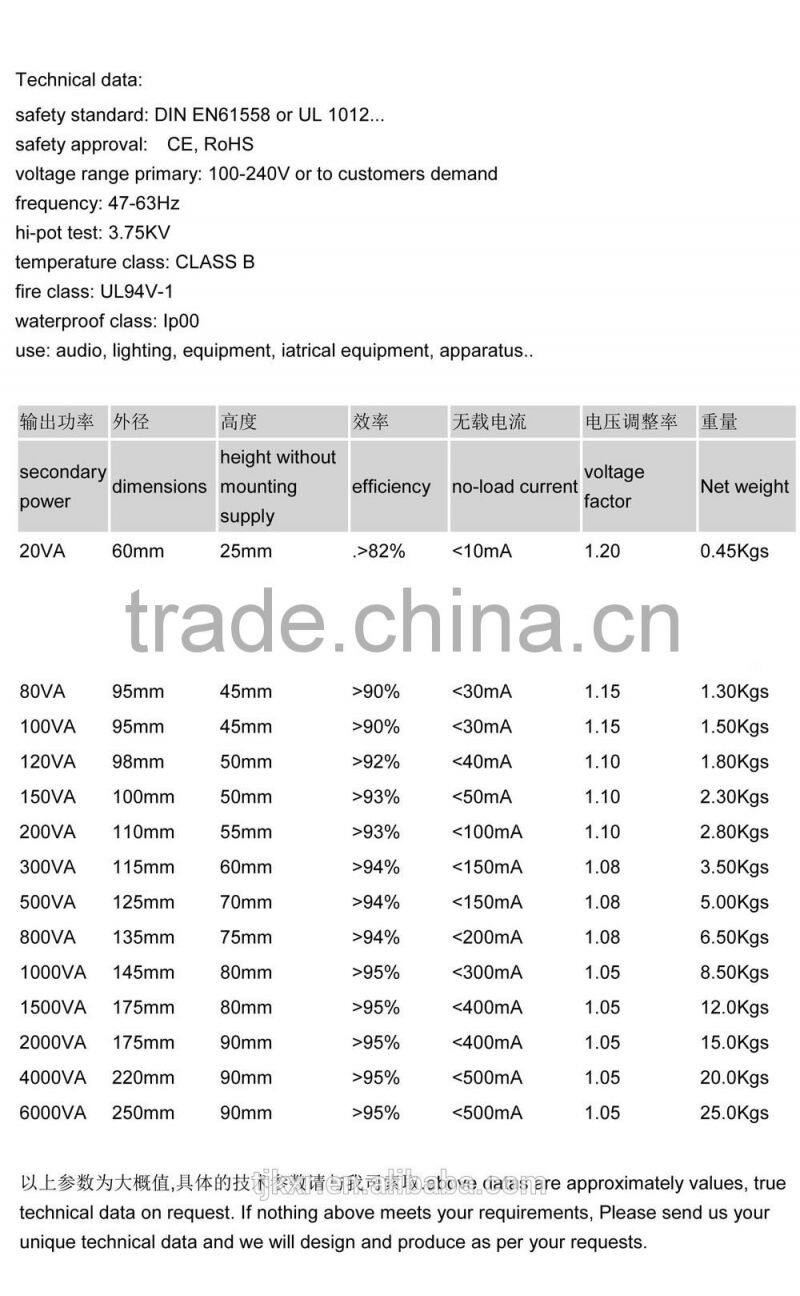 CE, ROHS approved transformer 220V to 48V with pure copper wire winding
