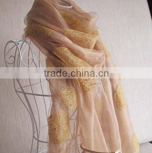 Fashion double-layer nest embroidery & sequins organza silk scarf