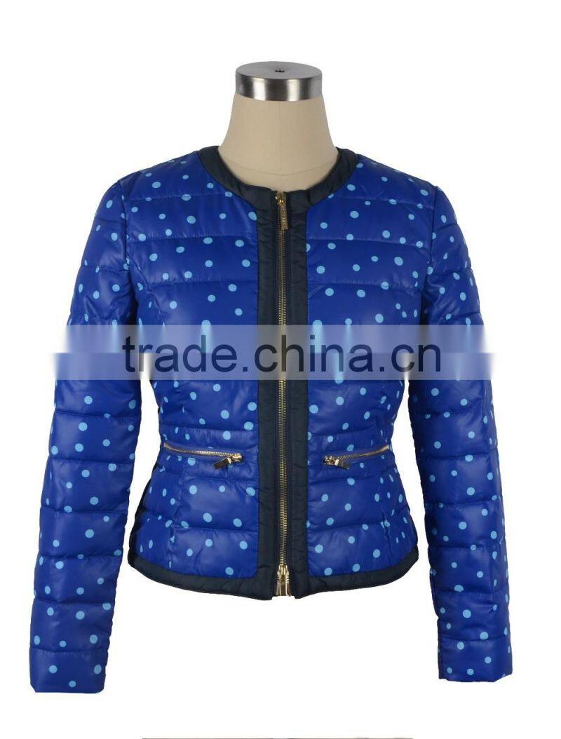 women's collarless padded jacket.
