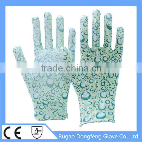 High Performance Polyester Printing Transparent Nitrile Coated Gardening Gloves