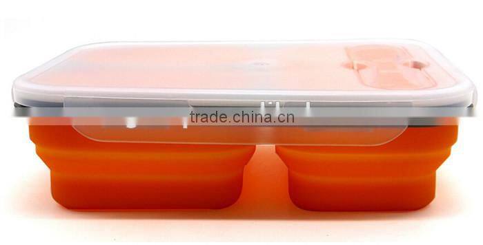 Silicone Lunch Box Bento Box,Collapsible BPA-Free Silicone Lunch Box with 3 Compartments and Cutlery - Orange