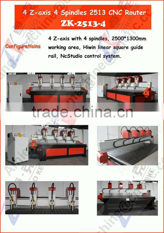 4 Heads 2500*1300mm Woodworking CNC Router on 4 Z-axis NcStudio Control ZK-2513-4