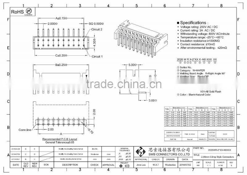2.0mm Pitch Wire to board electronic connectors double row