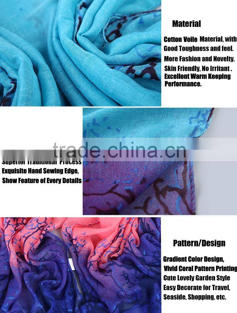 180*80cm Women's Viscose Voile Crinkle Scarf Big Rose Print Wrap Sexy Coral Pattern