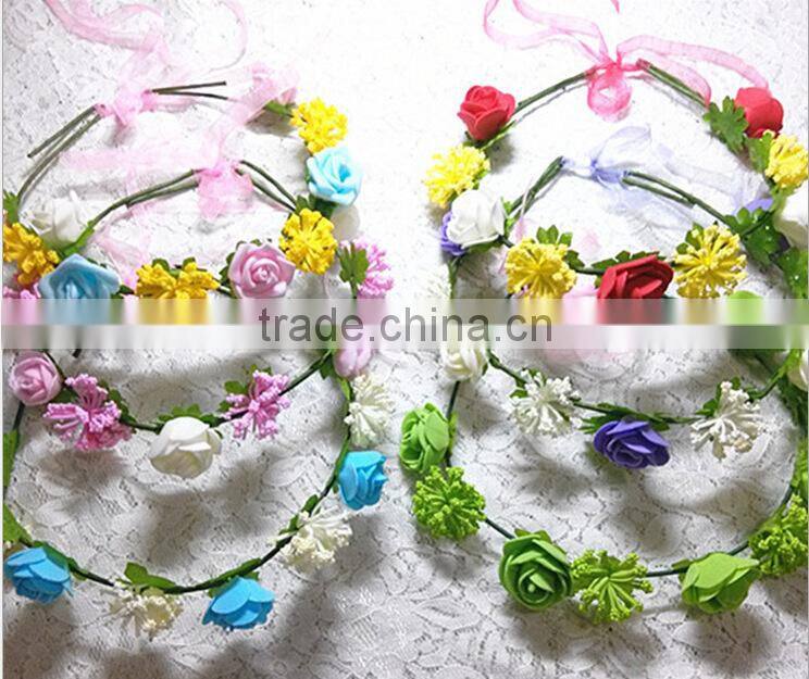 Mixed big rose headband with color silk ribbon ,PE rose flower hairband headband