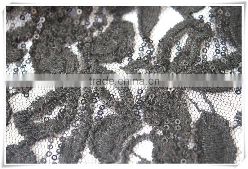 Latest design thin net embroidered sequin fabric, black flower embroidery sequin fabric textile for dress