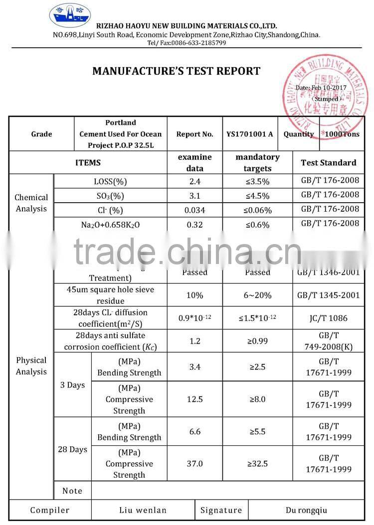 Pop micro portland cement 32.5 L used for ocean project