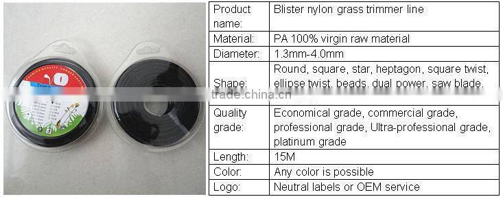 15m dark color cara head nylon trimmer line /grass cutter nylon line