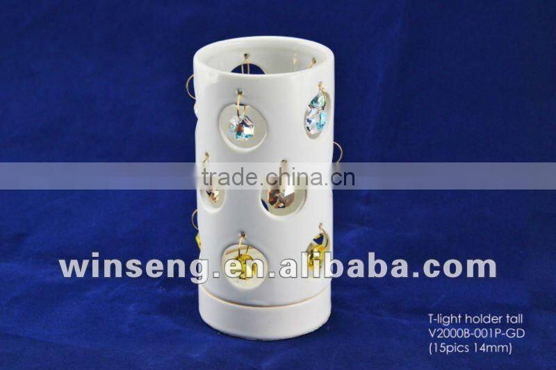White Ceramic T-light Candle Holder for home decor with crystals from swarovski
