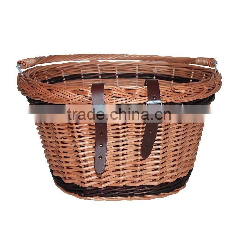 brown wicker bicycle basket with swing handle for bike