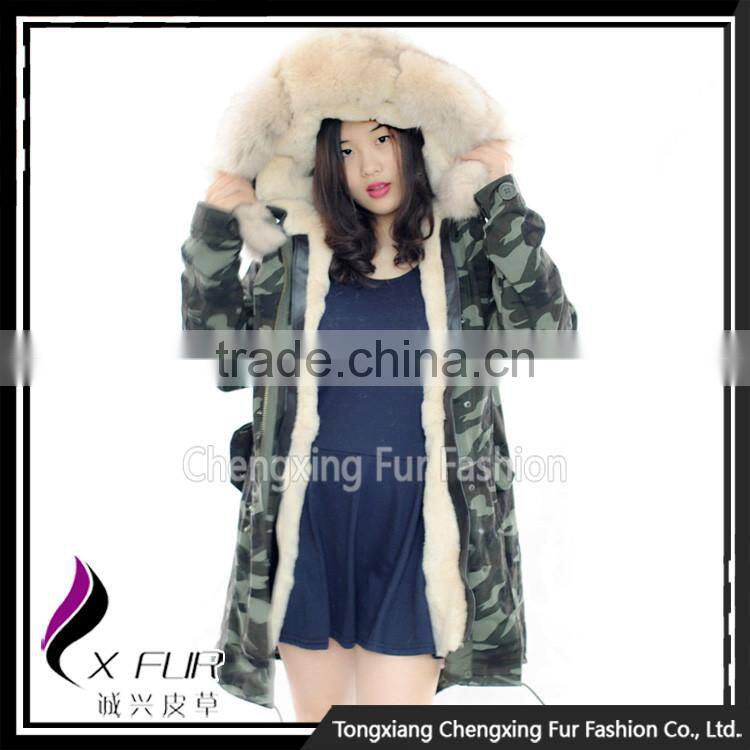 CX-G-P-08D Fashion Parka Jacket Real Rex Rabbit Fur Jacket with Fox Collar