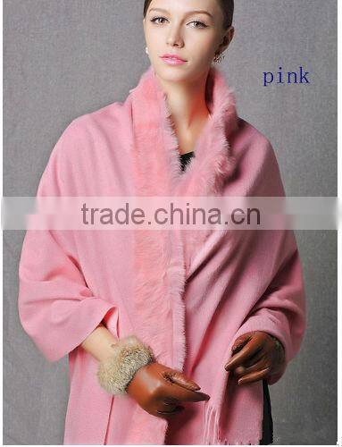 CX-B-P-21 Women Fashion Cashmere Pashmina Shawl With Fur Trim