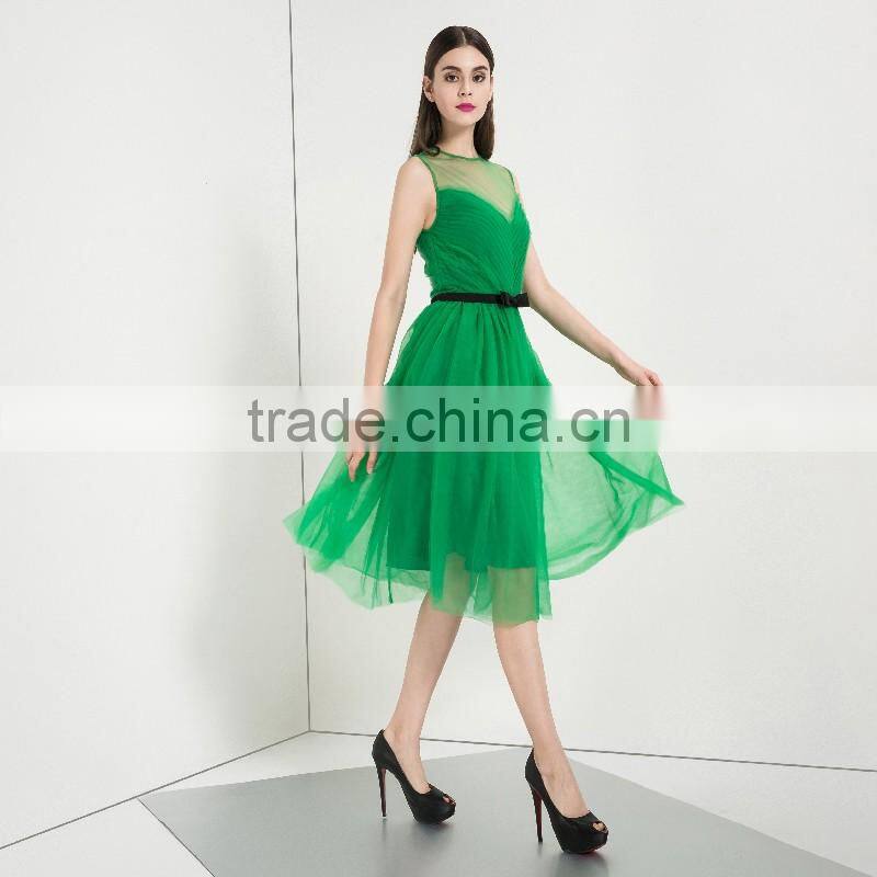 2016 Hot Selling Women Fashion Sleevless Mesh Tutu Evening Dress Green Beaded Short Dress of Evening