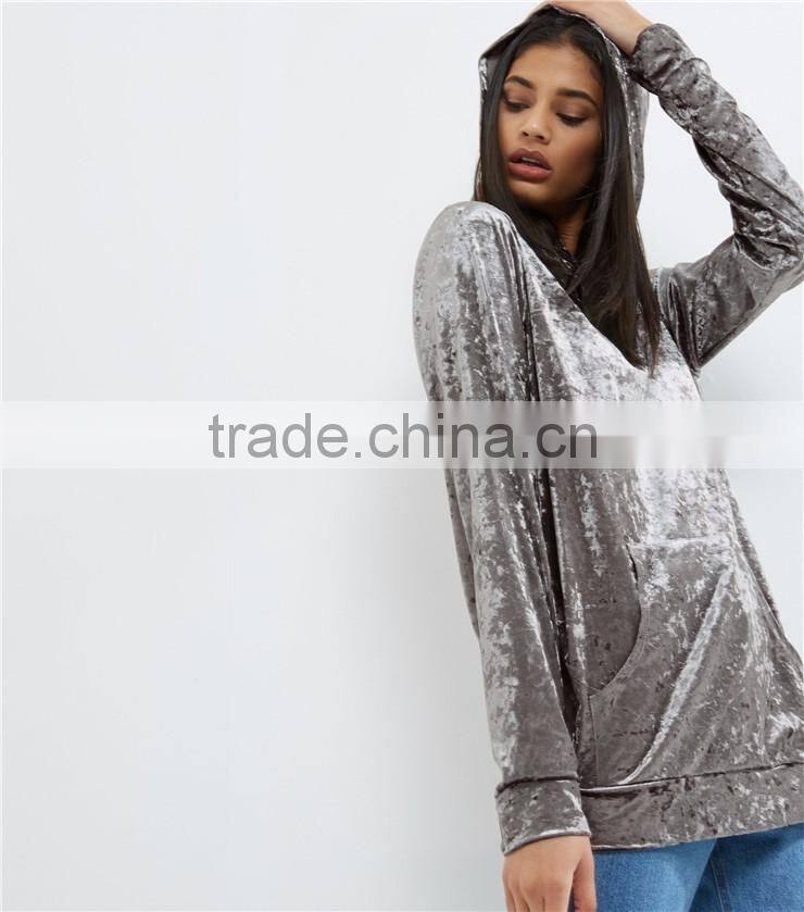 Women Longline Oversized Velvet Hoodie Grey Long Sleeve Pullover Front Pocket Plain Boyfriend Velvet Hoodies