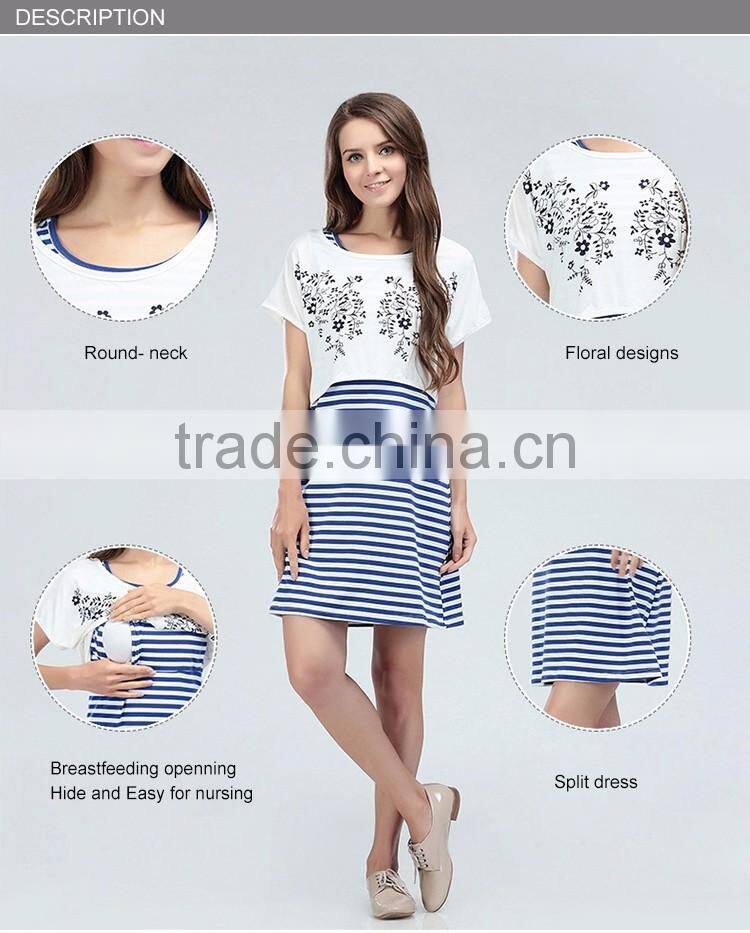 White and Blue Strips Maternity Dress End Atheleisure Nursing Clothing Athleisure Hide Breastfeeding Opening Skirts