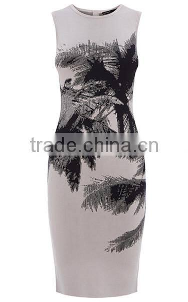 Direct sale classic palm tree pattern print bandage knit dress
