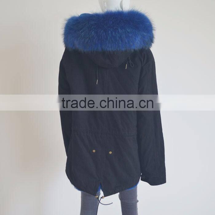 Myfur Hot Sale Black Cotton Women Men Parka with Real Black Raccoon Fur Collar Trimmed Hood