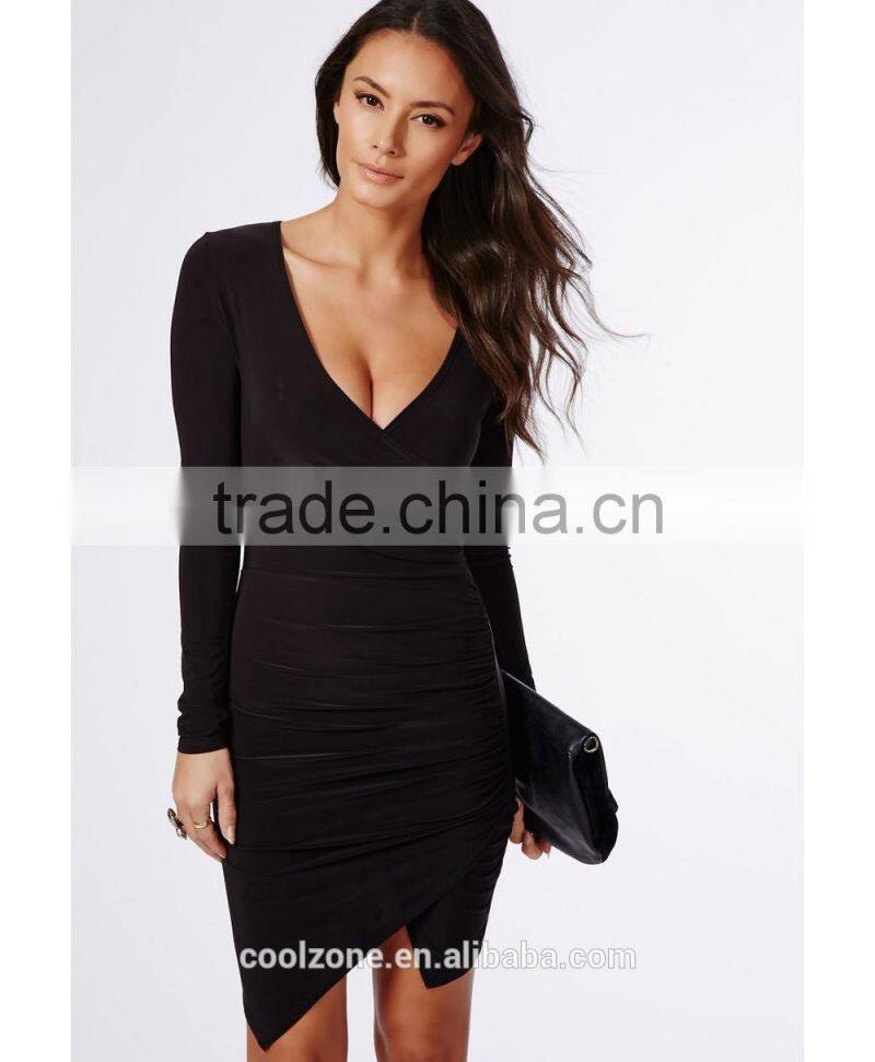 Hot bodycon fit cross over neck wrap dress with hem