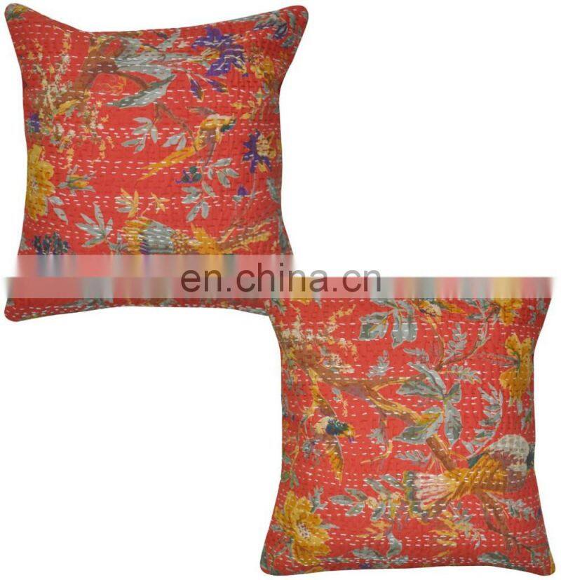 Bird Print Handmade Kantha Quilt Throw Cushion Covers