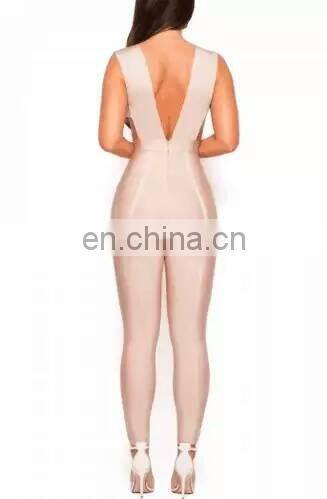 Amigo 2017 fashion beige sleeveless deep V neck low-cut backless bandage evening jumpsuits for women