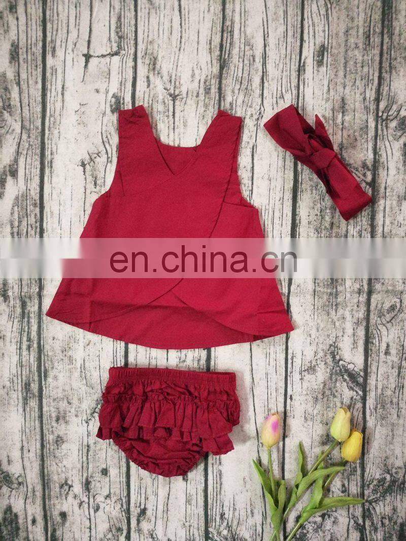 2019 Summer red girls dress & ruffle bloomer pants & headband 3pc set