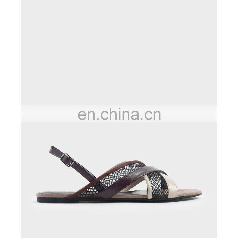 Elegant fancy mesh design two toe metal buckle closure adjustable strap ladies sandals women cross strap footwear shoes