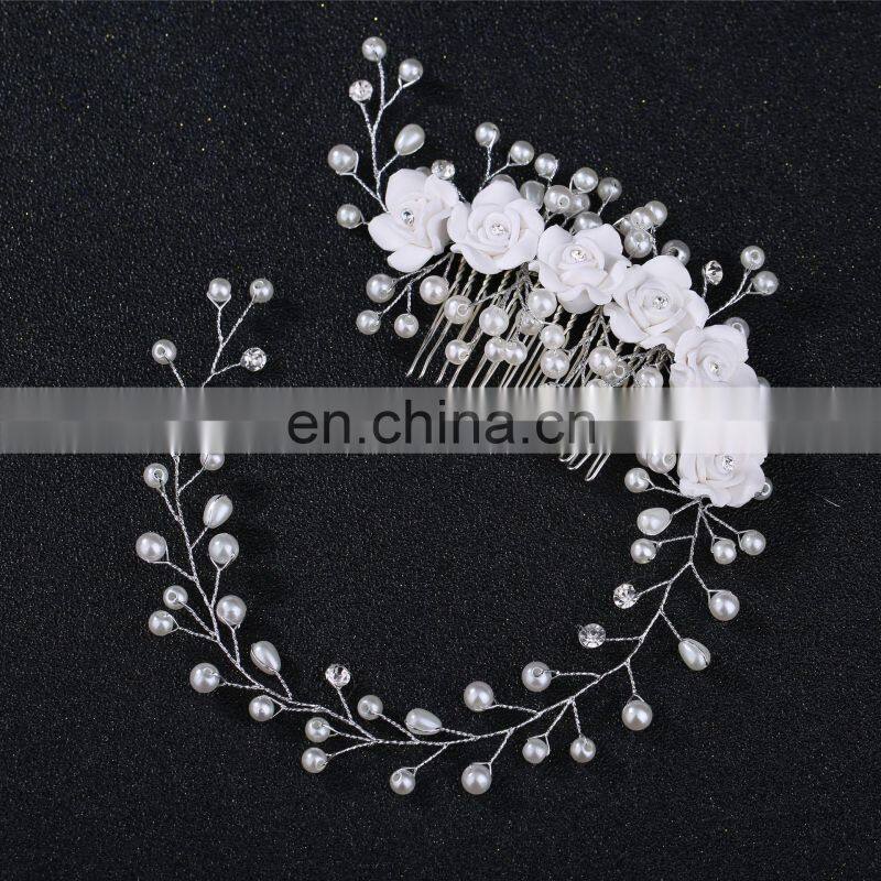 Bridal Wedding Crystal Bride Hair Accessories Pearl Flower Headband Handmade Hairband Beads Decoration Hair Comb