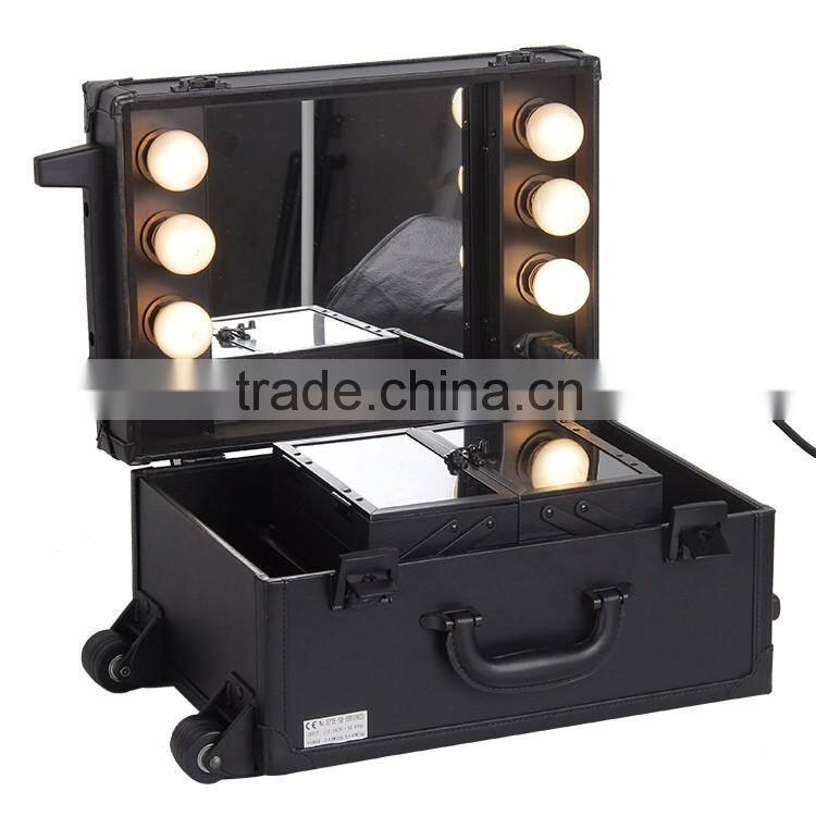 2016 newest design professional pvc trolley makeup display case with 6 lights mirror