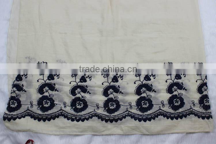 New Style Cotton Viscose Beautiful Flower Design Embroidery Shawl Scarf