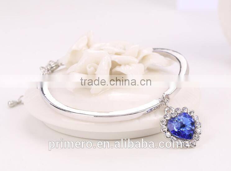 Fashion Ocean Blue Sliver Plated Crystal Rhinestone Heart Charm Bracelet Bangle