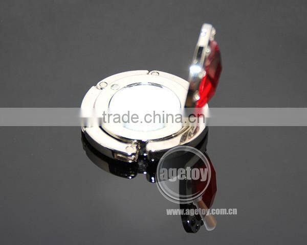 Round Red Crystal White Rhinestones Multi-function Fashion Handbag Hook Hanger Promotion Metal Foldable Mirror Bag Holder