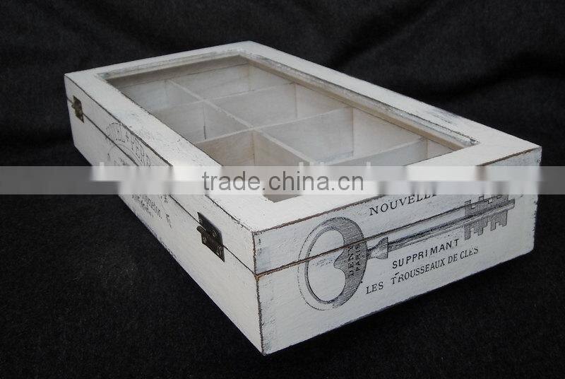 8 grids white wood sundries storage box with glass cover