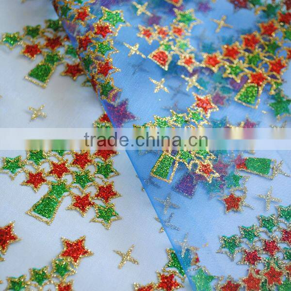 100% Polyester christmas flower printed organza fabric for christmas decoration