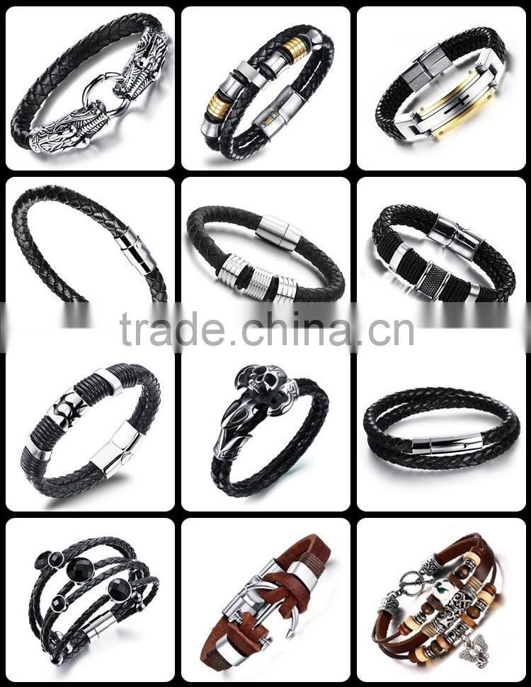 Fashion Solid Stainless Steel Cross Braide Leather Bangle Bracelet Men Jewelry