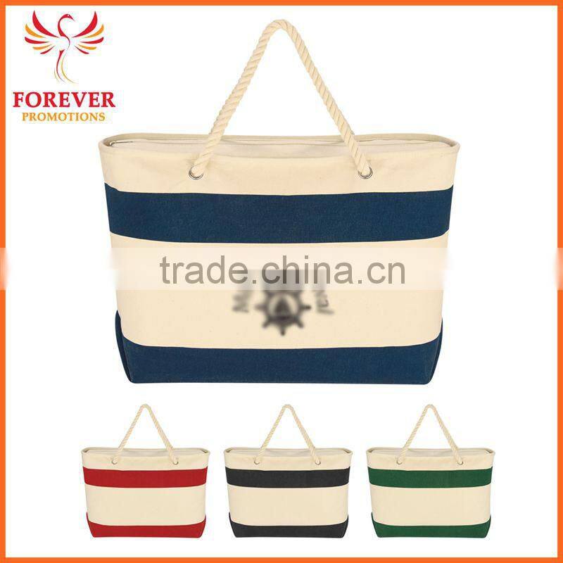Custom Logo Print Top Zippered Closure Canvas Tote Bag With Rope Handles
