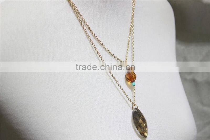 Newest Double Layered Elegant Smoked Topaz Glass w/ Brown Bead & Turquoise Seedbead Pendant Necklace 2016 Fashion Wholesale