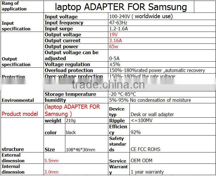computer accessories dubai adapter for samsung 60W 19V 3.16A with 5.5*3.0 pin connector dc power supply