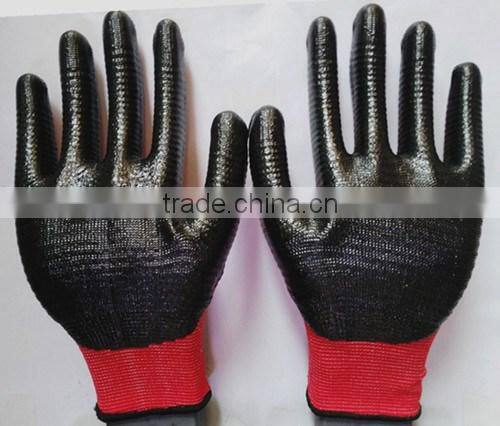 BSSAFETY Black nitrile coated red nylon knitted safety gloves, zebra nitrile hand protection work gloves