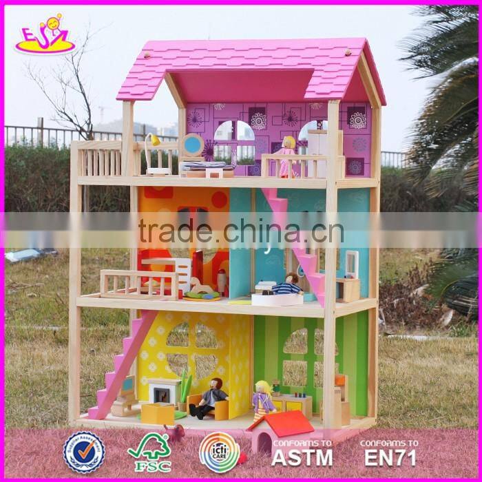 2017 new design pink girls pretend play wooden doll house toys W06A170