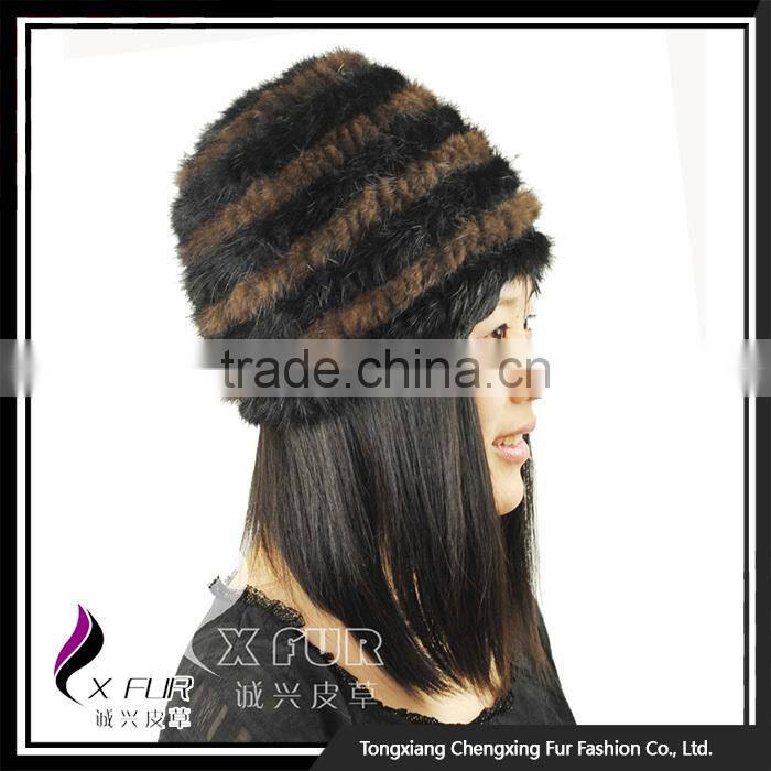 CX-C-36F Cheap Fur Hat Striped Knitted Women Mink Fur Hats