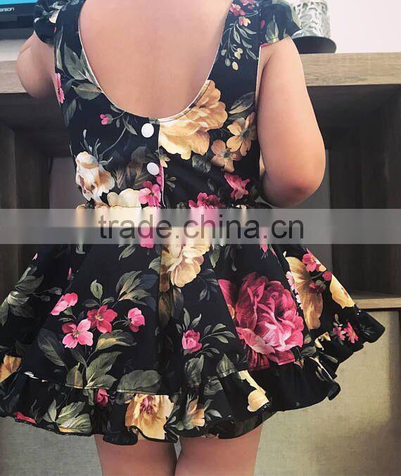 Toddler girls fall autumn black burgundy floral vintage boho short ruffle dress